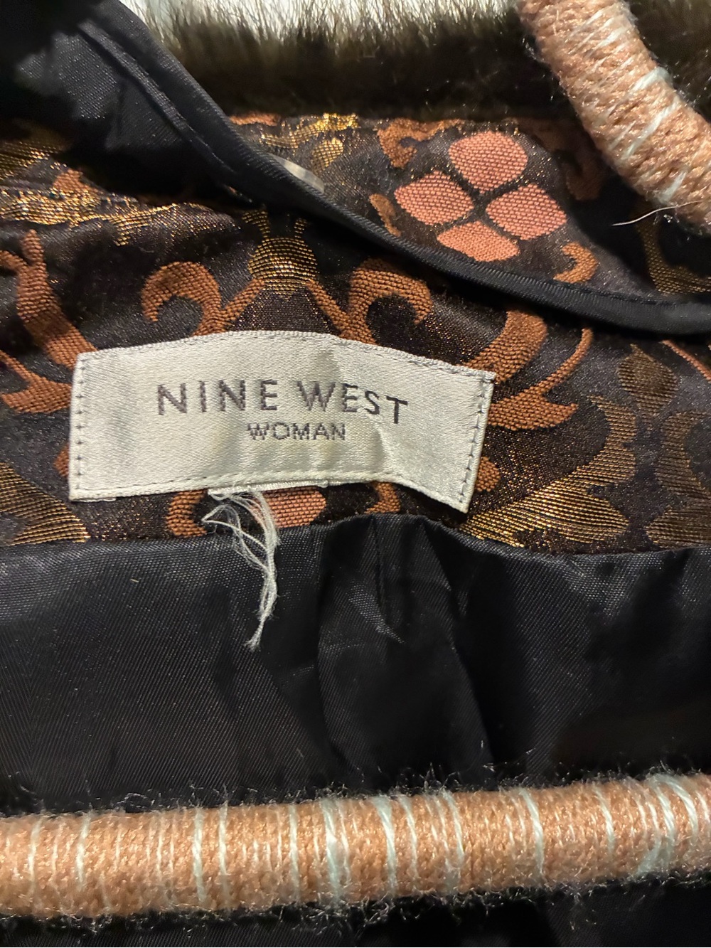 NINE WEST Vintage Floral Brocade Jacket with Faux Fur Collar Brown/Gold Large - Picture 3 of 7